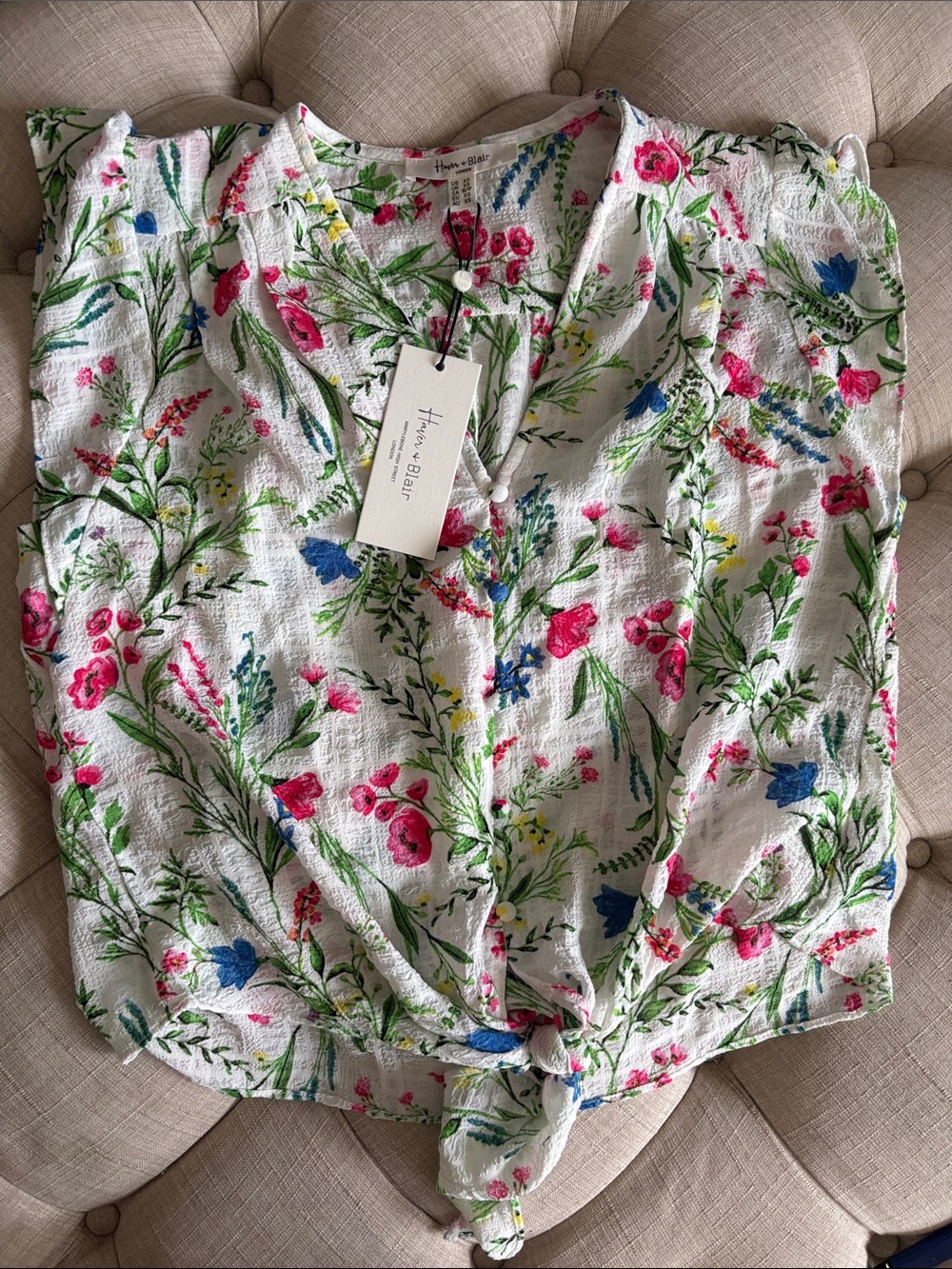 Floral Tie-Front Women's Blouse in White by H&M